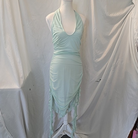 Generation Kiss Dresses & Skirts - Generation Kiss Mesh Ruffle Hem Midi Dress Ruching Halter Tie Green Size M Fairy